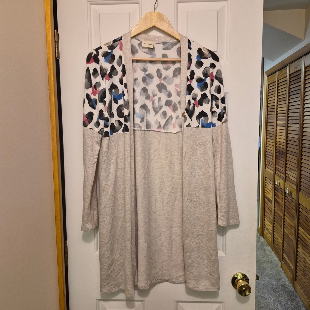 Lovely Melody Womens Leopard Print Colorblock Open Front Cardigan Gray Small USA